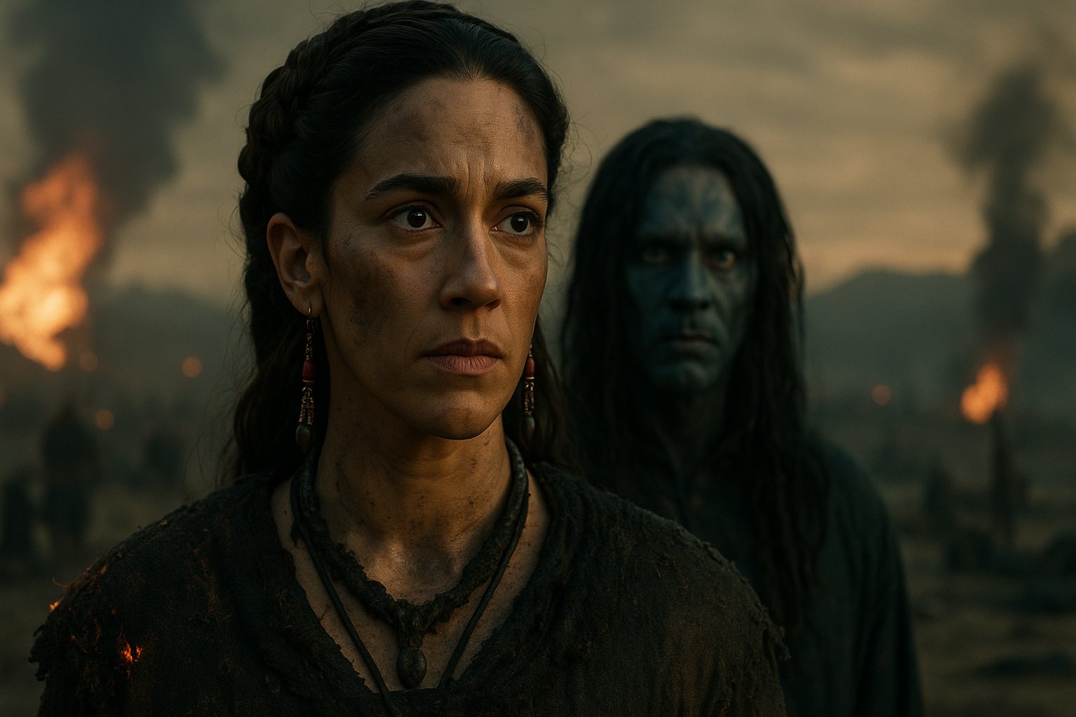 Avatar Fire and Ash Full Story and History of the Third Avatar Film - Varang from Avatar Fire and Ash standing in a battlefield of smoke and fire, with a Na’vi figure in the background.