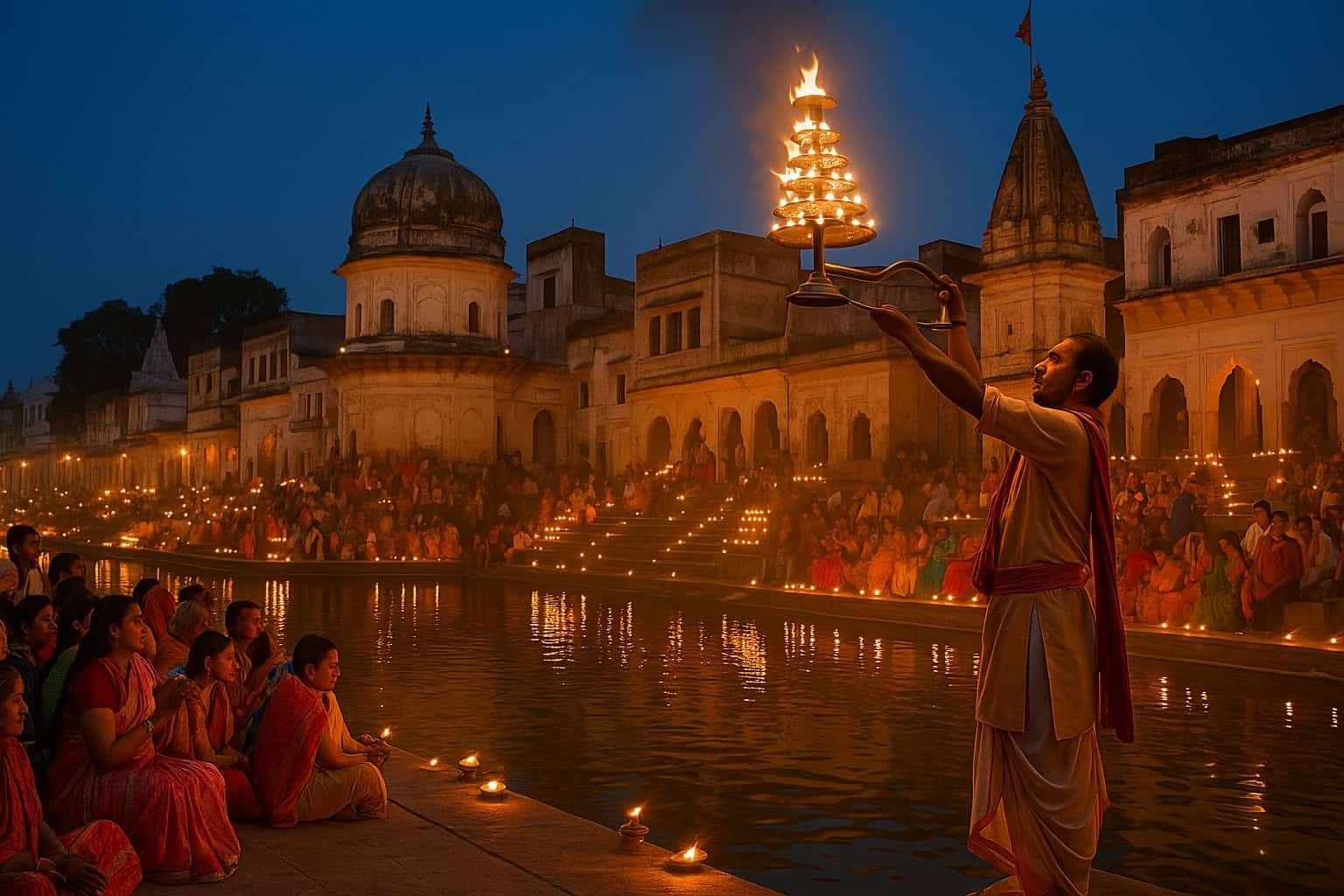 चित्रकूट पर्यटन: चित्रकूट के रामघाट पर संध्या आरती – मंदाकिनी नदी के किनारे दीपों की रोशनी और भक्तों की भीड़ के बीच पुजारी का मंत्रोच्चार।