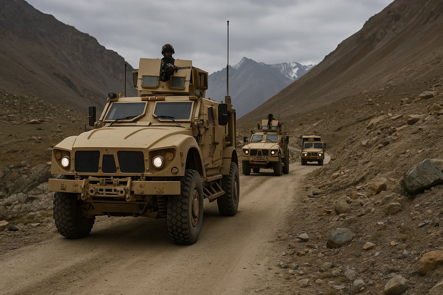 Emergency - A convoy of armored military vehicles drives along a rugged mountain road, with the lead vehicle carrying a soldier in a turret and snow-capped peaks visible in the distance under cloudy skies.