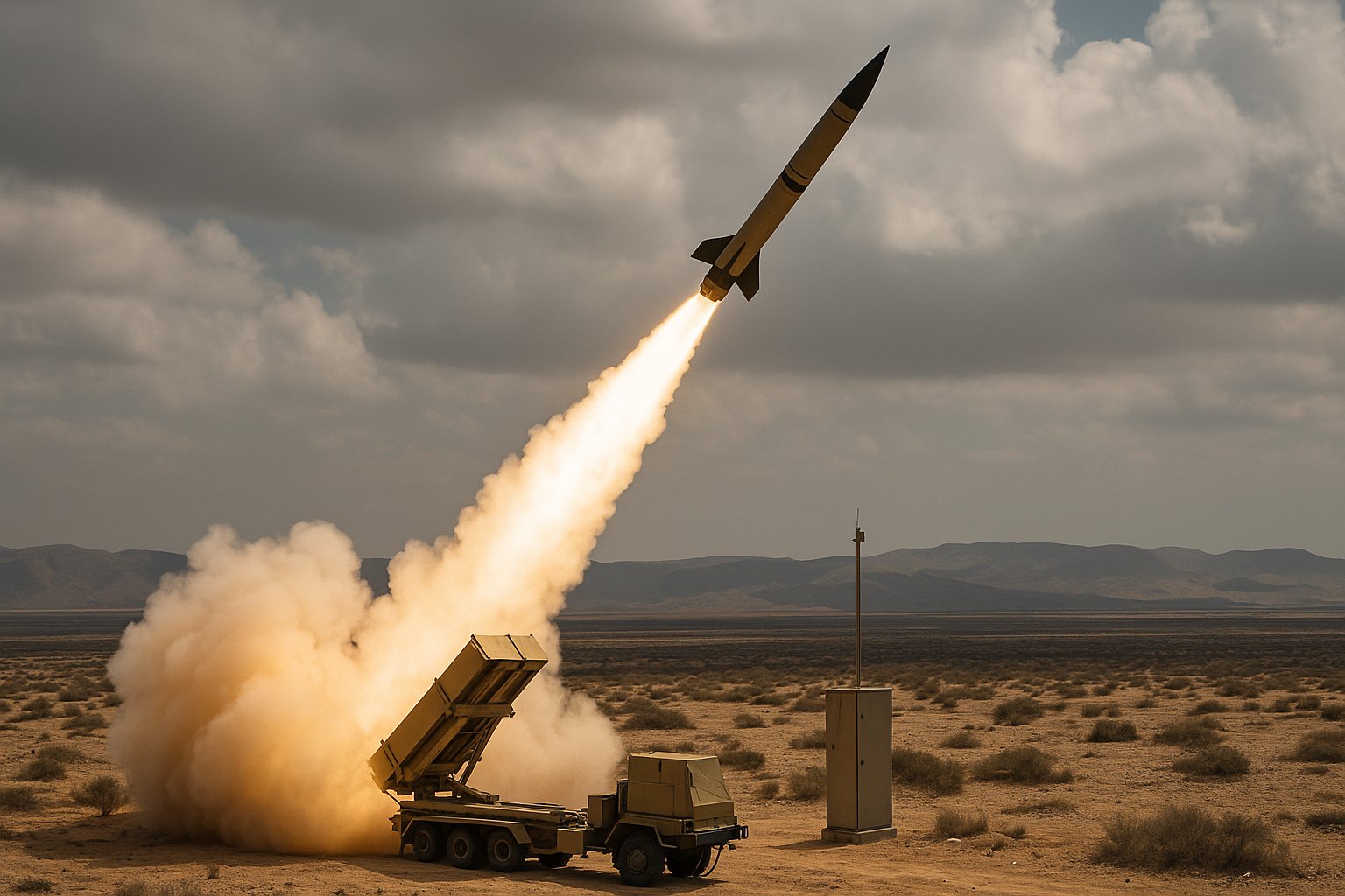 Israel–Iran War 2025 - A missile launches from a desert platform, leaving a fiery smoke trail into the cloudy sky, with barren land and distant hills in the background.