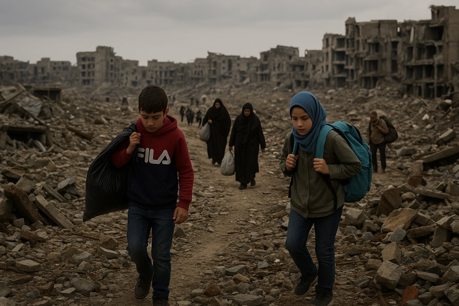 Israel–Iran War 2025 – Refugees walk through a devastated, rubble-filled cityscape, with children carrying bags and an older woman following behind, symbolizing the human toll of war.