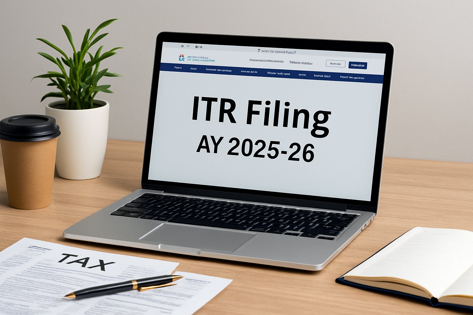 ITR Filing AY 2025-26 : Laptop on a wooden desk showing the Income Tax e-filing portal for ITR Filing AY 2025-26, surrounded by tax papers, pen, coffee cup, and notebook