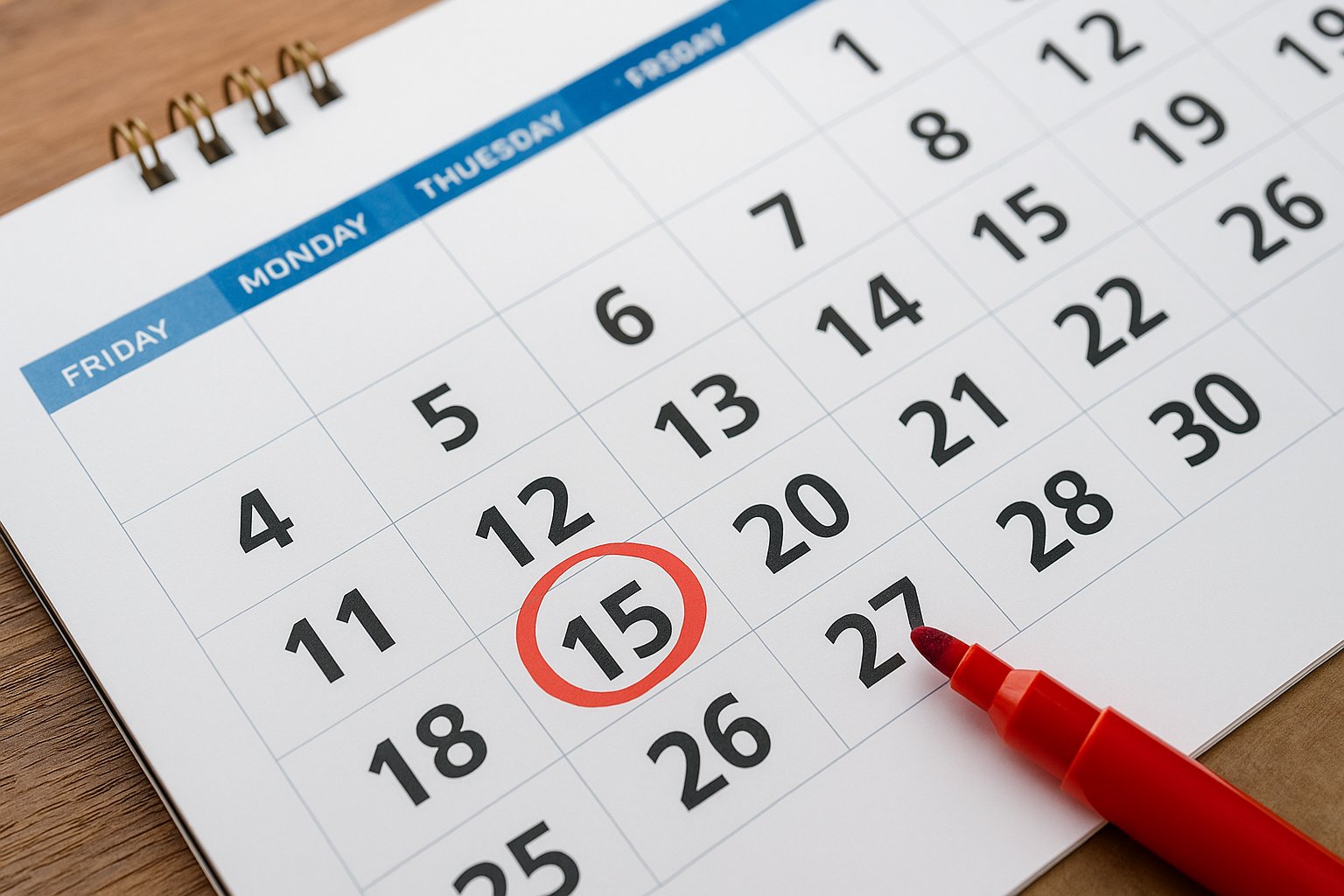ITR Filing AY 2025-26 : Close-up of a calendar with the 15th date circled in red, symbolizing the ITR Filing AY 2025-26 deadline reminder