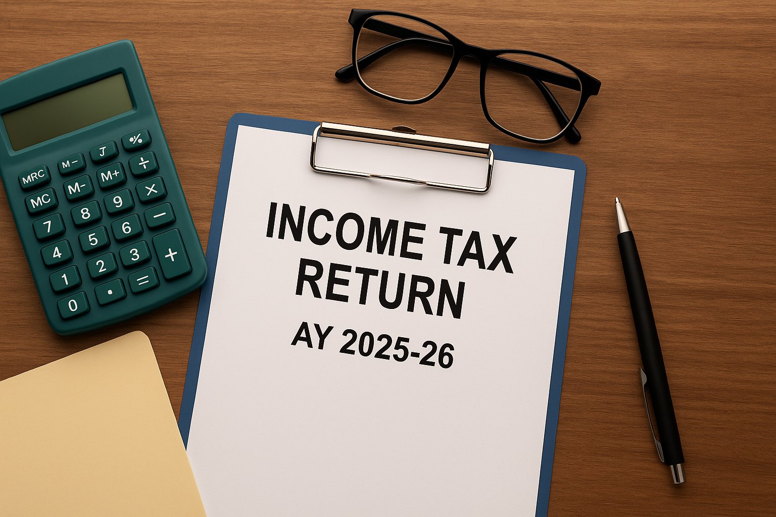 ITR Filing AY 2025-26: Modern digital illustration showing income tax filing concept for AY 2025-26 with laptop, tax documents, calculator, and financial icons on a clean desk