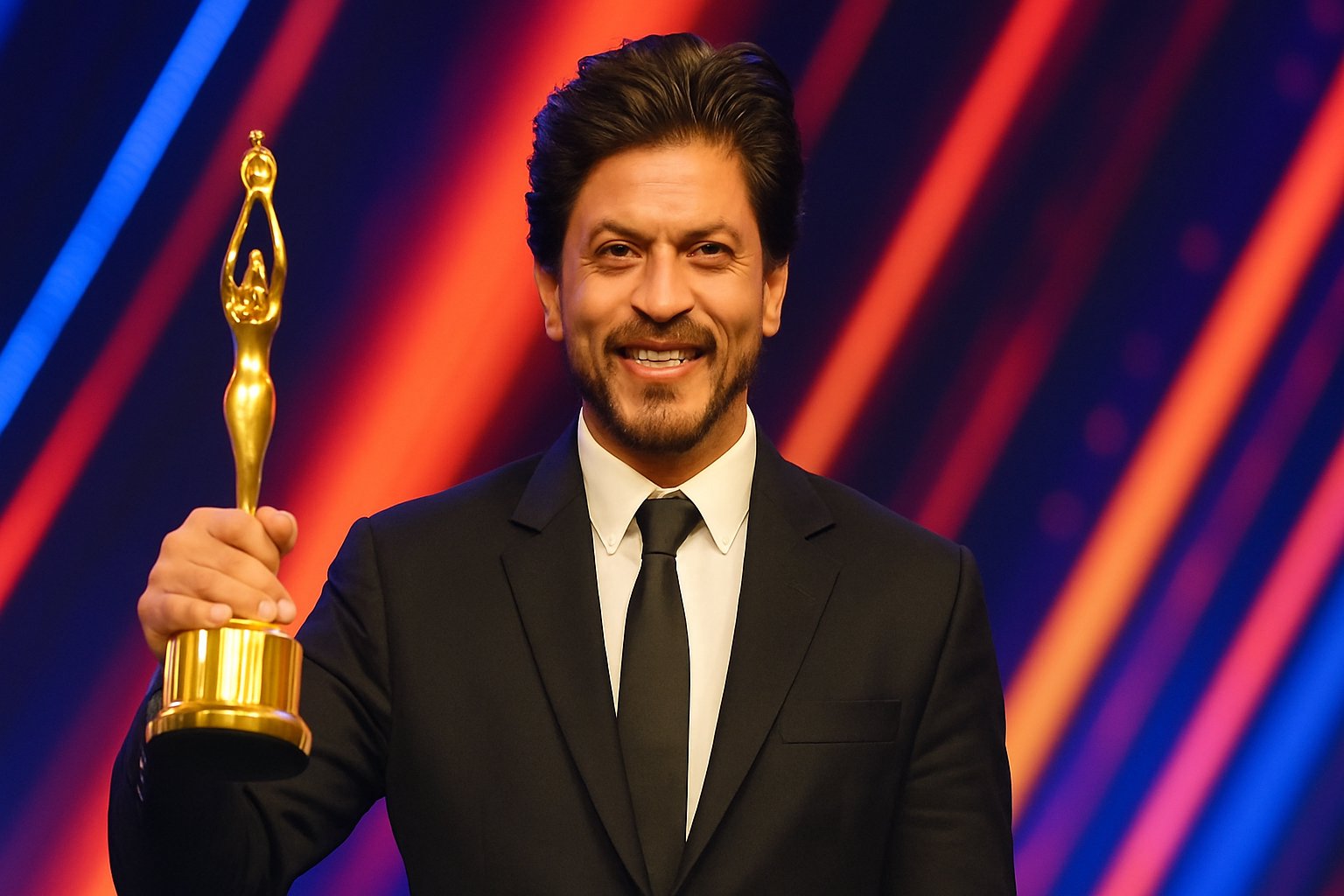Shah Rukh Khan National Award for Swades: Shah Rukh Khan smiling and proudly holding a golden trophy aloft at an award ceremony, wearing a black suit and tie against a vibrant, colorful backdrop.