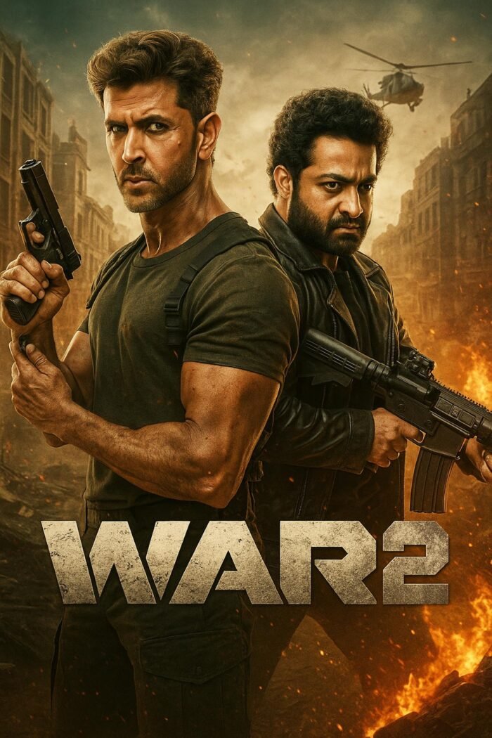 War 2 movie review : poster showing Hrithik Roshan and Jr NTR armed and standing back-to-back against a burning city backdrop, helicopter flying above, YRF Spy Universe film.