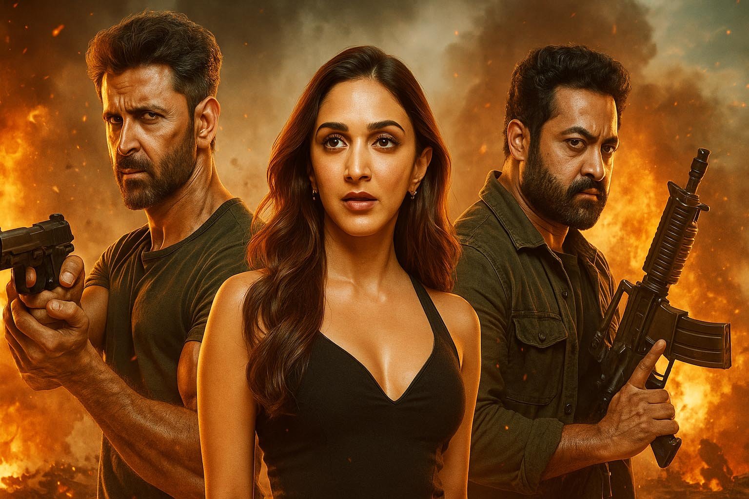 War 2 movie review : Hrithik Roshan, Kiara Advani, and Jr NTR in War 2 movie promotional still, standing against a fiery explosion backdrop, with Hrithik aiming a pistol, Kiara in a black outfit at the center, and Jr NTR holding an assault rifle, from YRF Spy Universe.