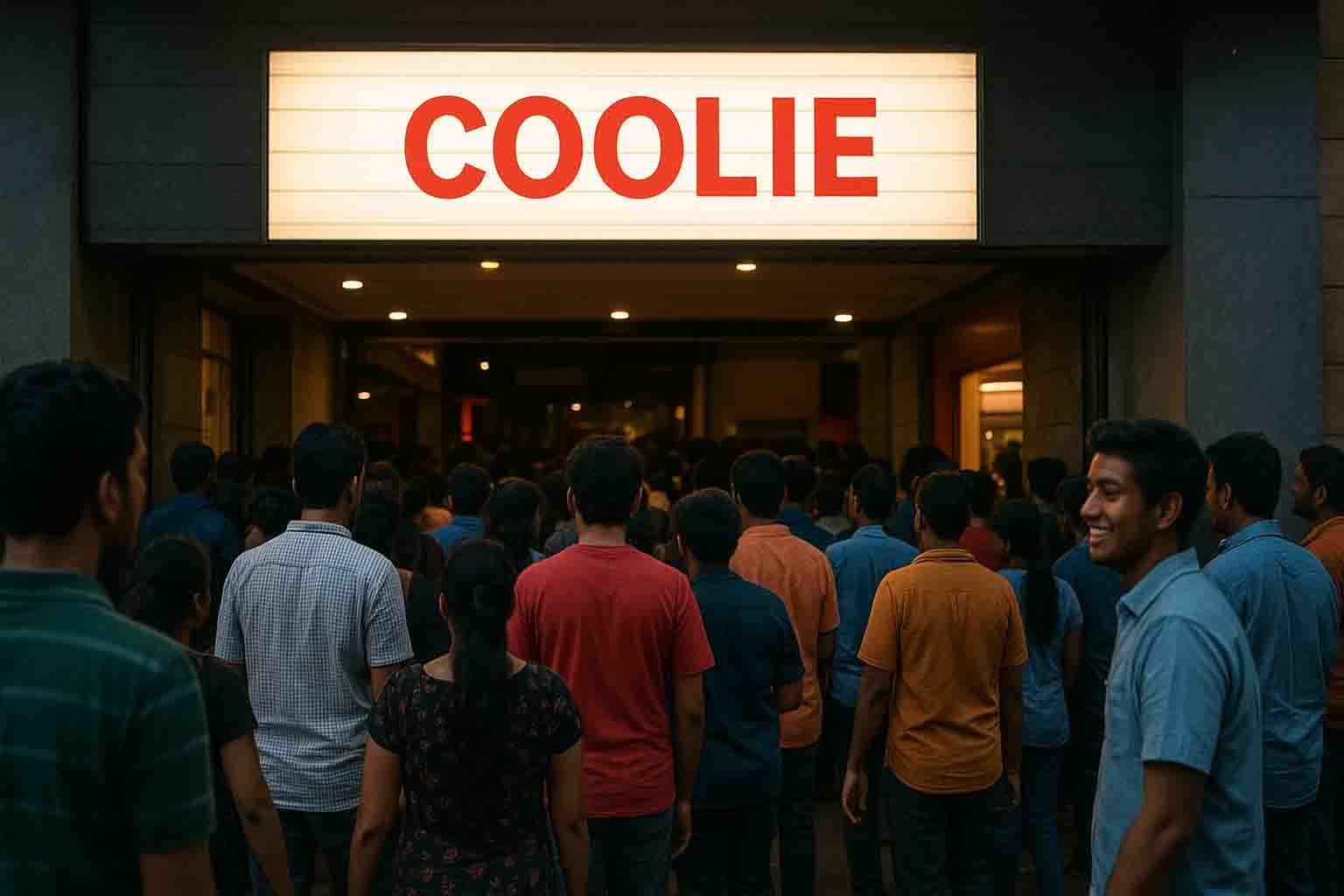 AI generated representation purpose only – Crowd outside a Bengaluru cinema under a glowing marquee for Rajinikanth film, highlighting Coolie ticket price Bengaluru controversy