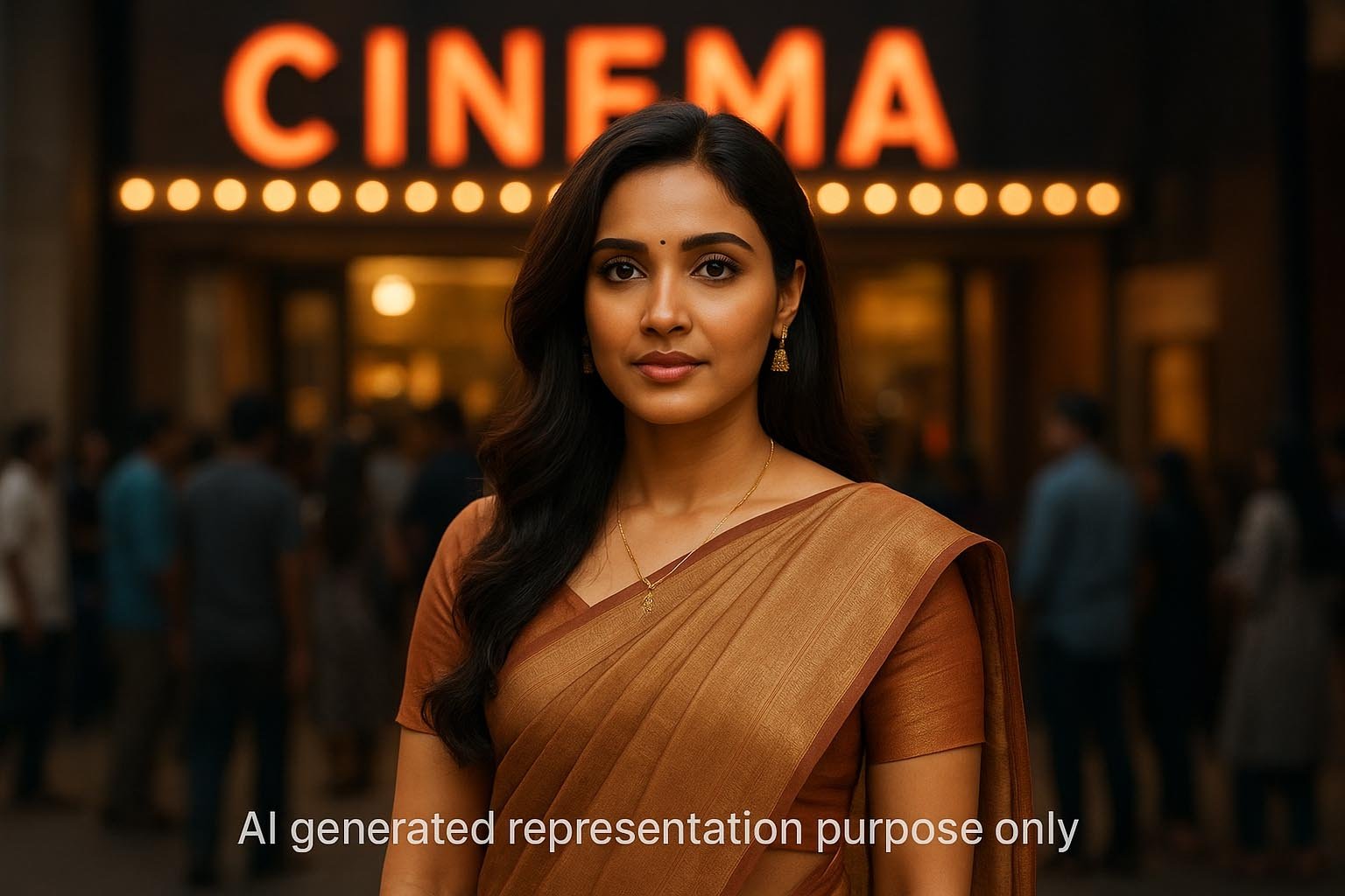 AI generated representation purpose only – South Indian actress in gold saree outside cinema, symbolic of Rajinikanth film release and Coolie ticket price Bengaluru debate