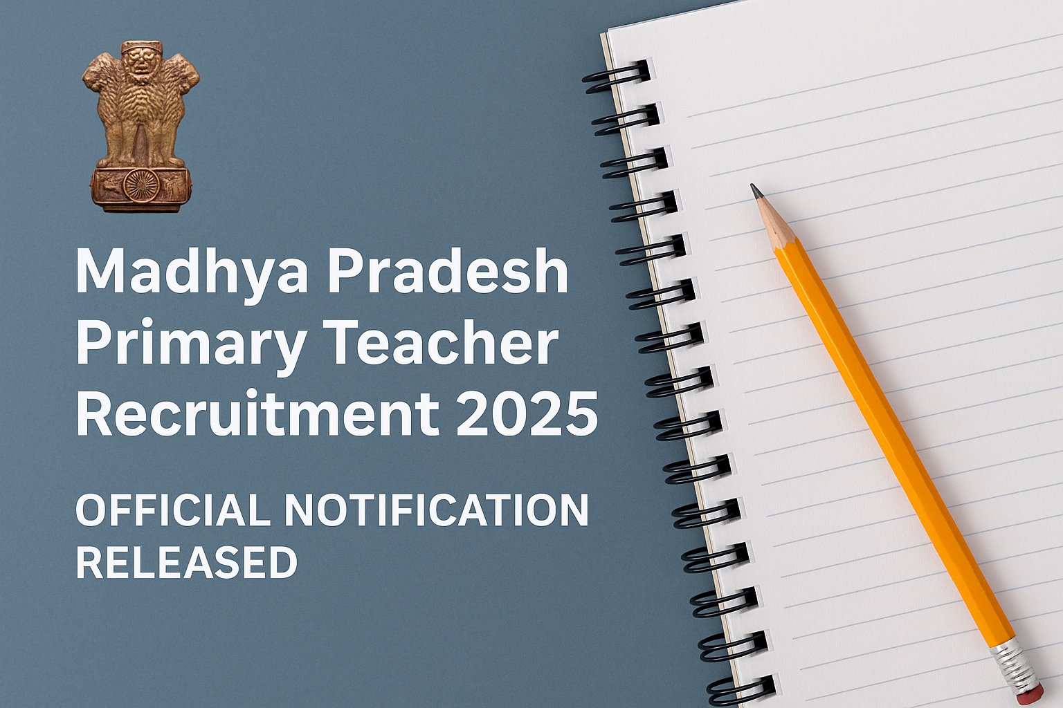 Madhya Pradesh Primary Teacher Recruitment 2025 official notification concept with Ashoka emblem, notebook, and pencil on a clean blue background.
