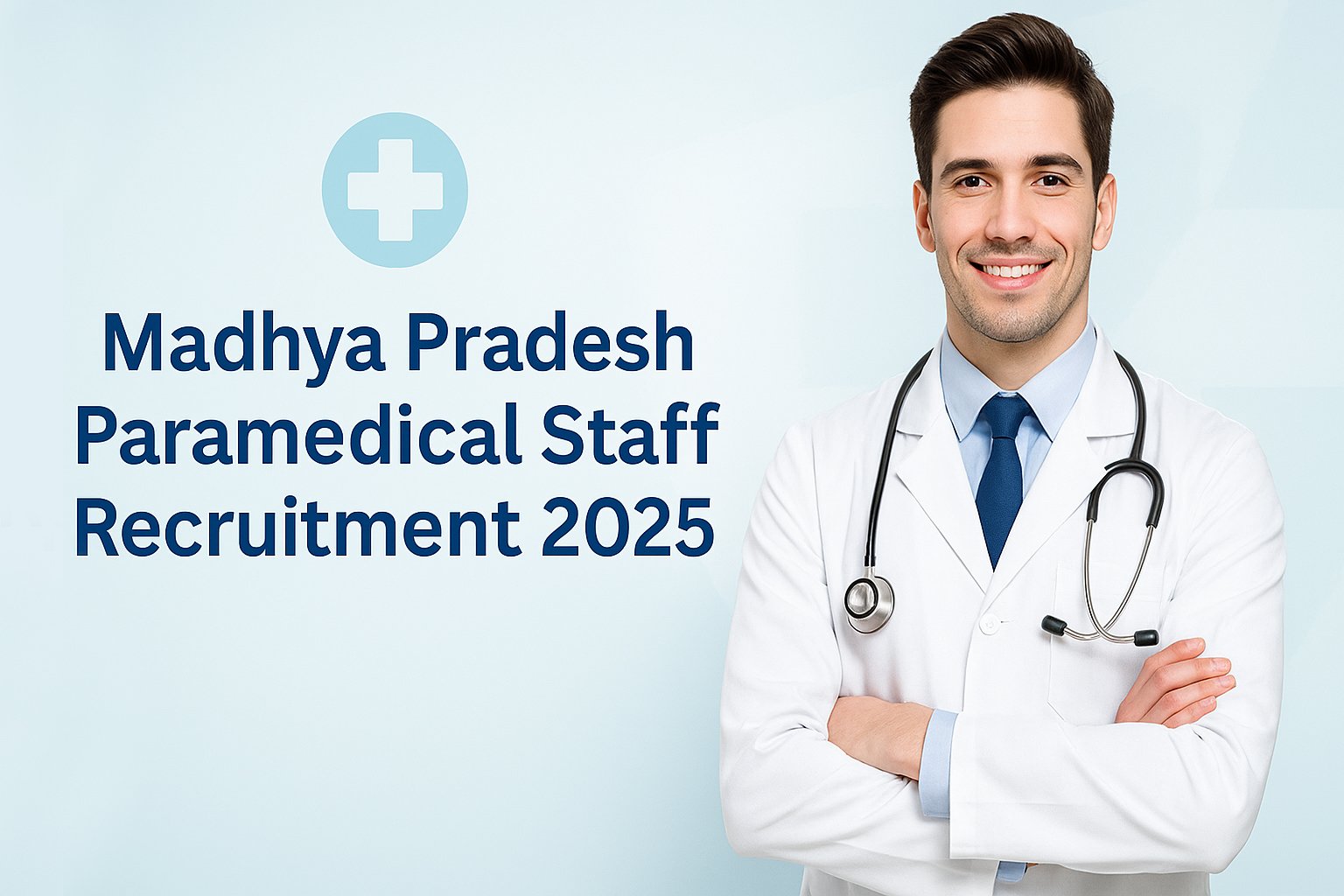 Madhya Pradesh Paramedical Staff Recruitment 2025: Young male doctor in a white coat with a stethoscope, smiling confidently next to the text “Madhya Pradesh Paramedical Staff Recruitment 2025” on a clean medical-themed background.