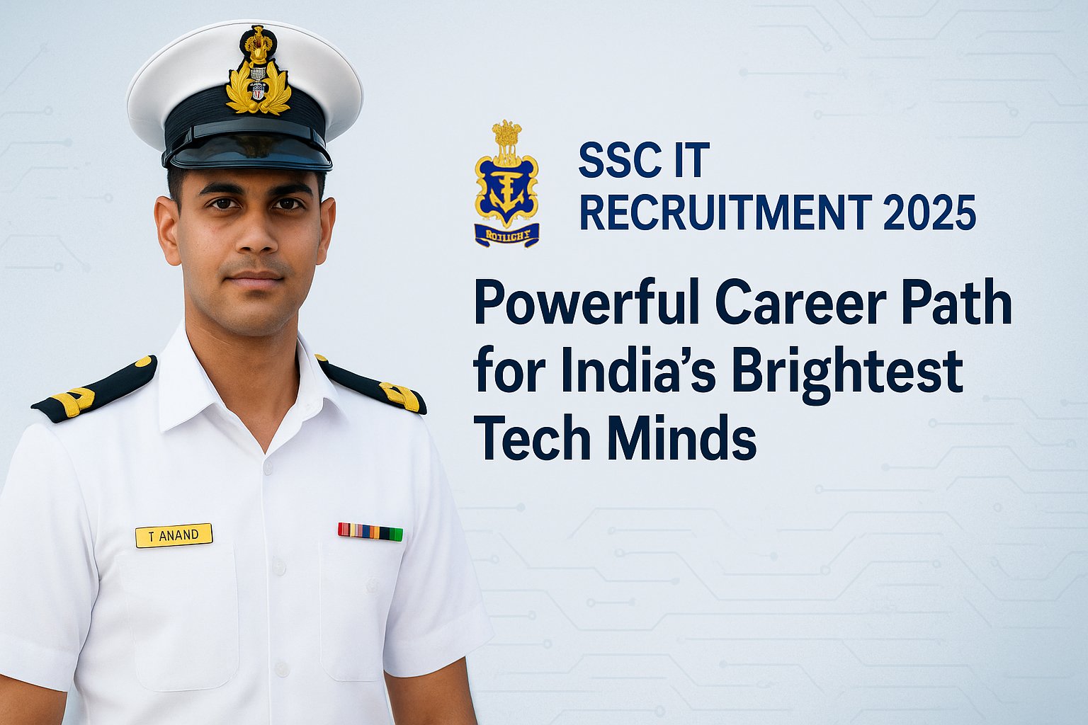 Indian Navy SSC IT Recruitment 2025 visual showing a confident naval officer with a tech-inspired background, symbolizing a powerful career path in the IT Executive Branch.