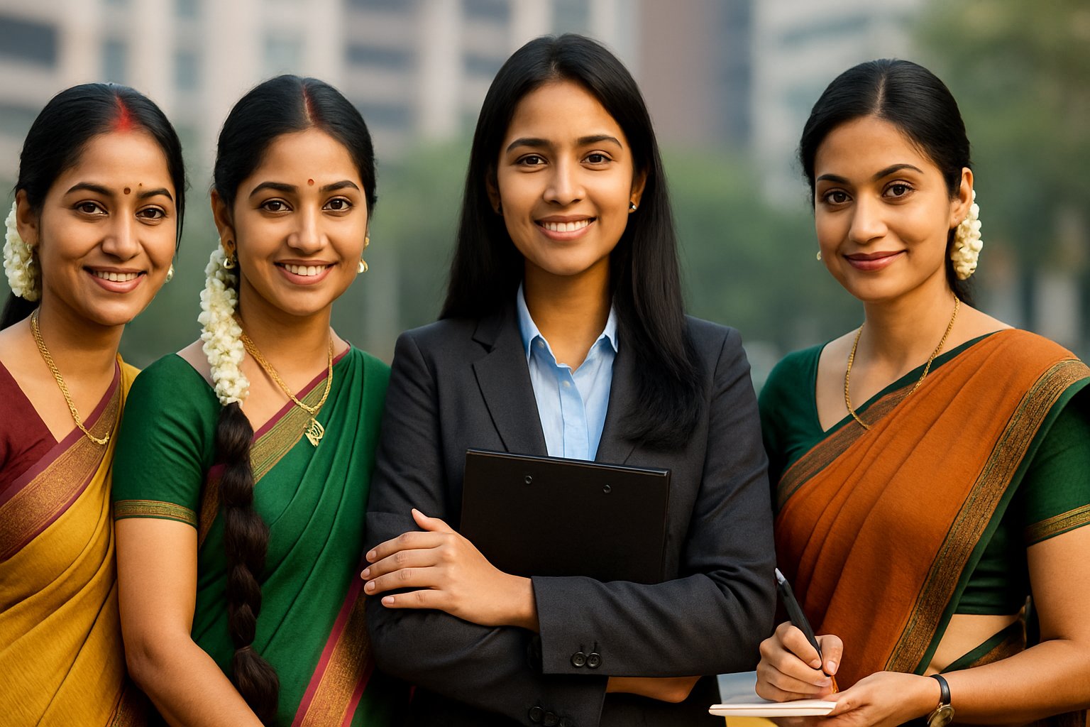Why South India is Better for Women Than North India – Safety, Education & Equality: A composite digital photograph showing four South Indian women, three dressed in traditional sarees with jasmine flowers in their hair, and one in professional attire holding a clipboard, standing confidently against a blurred modern city backdrop.