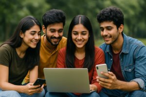 Four young Indian friends, two women and two men, sitting together on the grass in a park, smiling while using a laptop and smartphones, representing youth engagement with digital technology in a positive and collaborative setting.