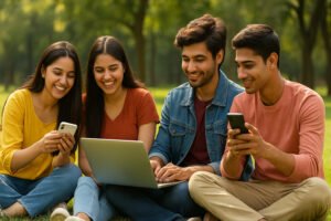 Four young Indian friends sitting on grass in a sunny park, smiling and interacting with a laptop and smartphones, representing youth engagement with social media and digital technology in a cheerful, outdoor setting.