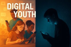 Conceptual digital illustration showing two contrasting sides of technology’s impact on youth — on the left, vibrant warm tones depict creativity and connection among teenagers, while on the right, cooler tones show isolation and digital overload, symbolizing the double-edged nature of the digital age.