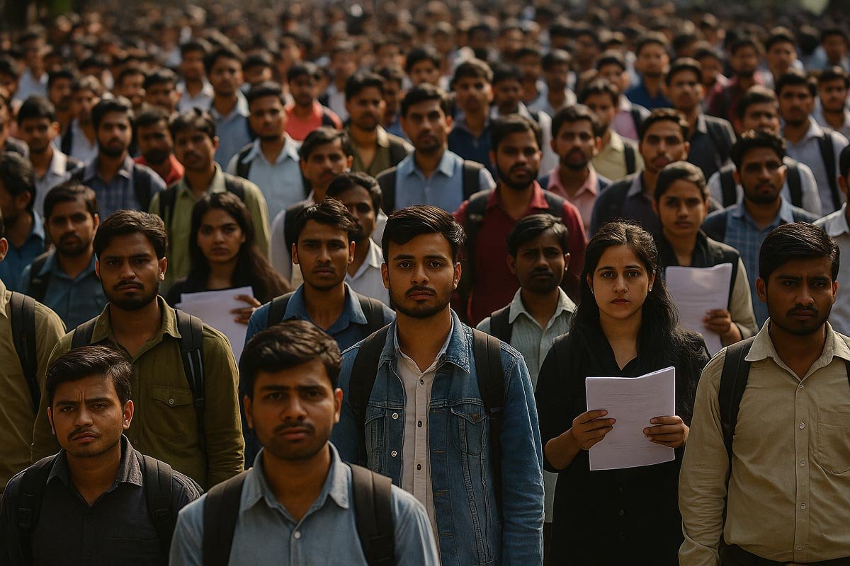 भारतीय युवा रोजगार संकट 2025: नौकरी की तलाश में खड़े भारतीय युवाओं की भीड़ – बेरोजगारी संकट 2025 की सच्चाई को दर्शाता दृश्य