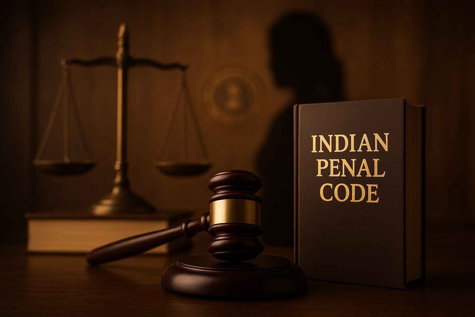 Symbolic image of Indian justice system with judge’s gavel, law book (Indian Penal Code), and scales of justice, representing डिजिटल रेप कानून और strict punishment under BNS 2023.