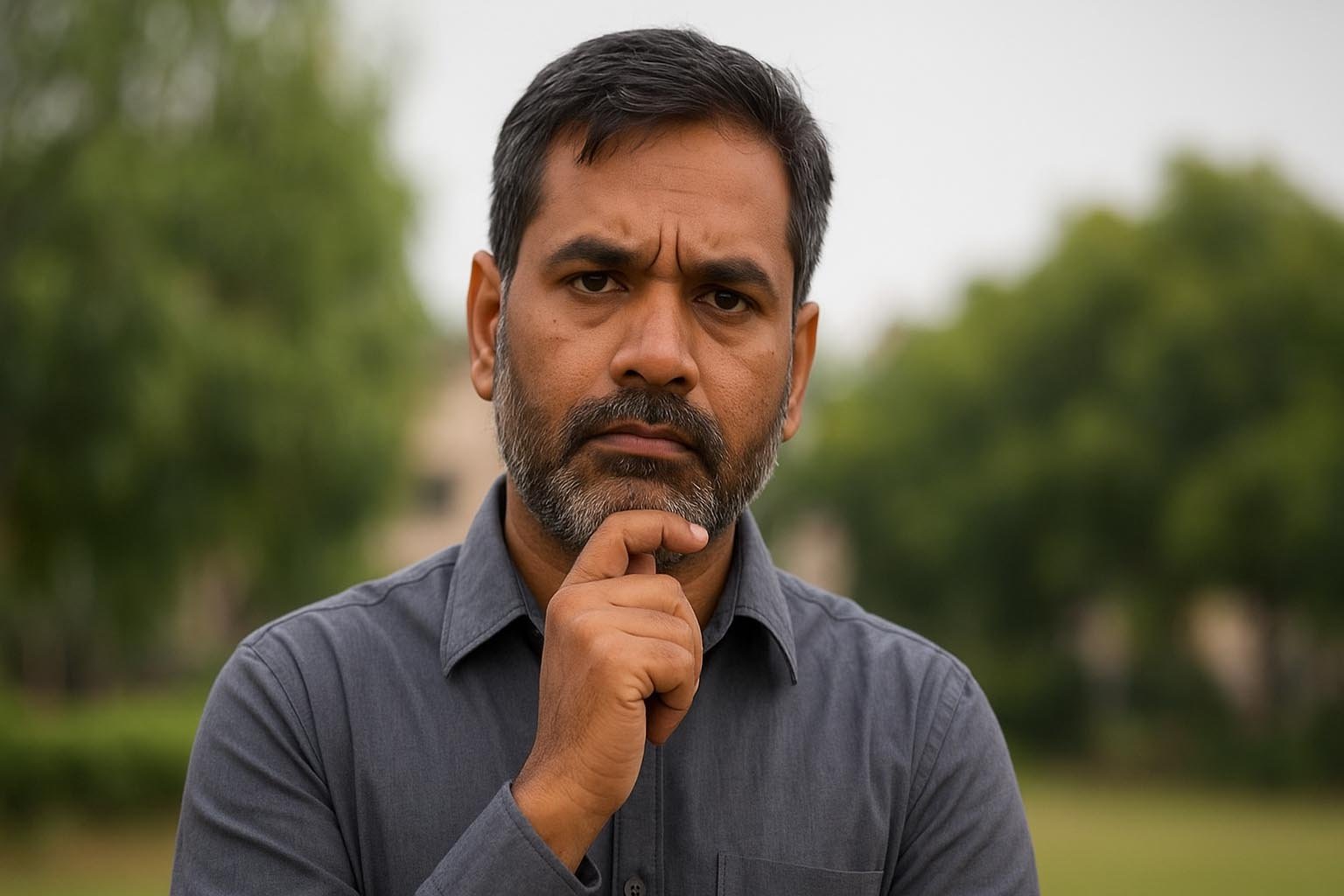 Close-up portrait of a middle-aged South Asian man with a serious expression, wearing a grey shirt, against a blurred background of green trees outdoors — Independence Day 2025 announcements.