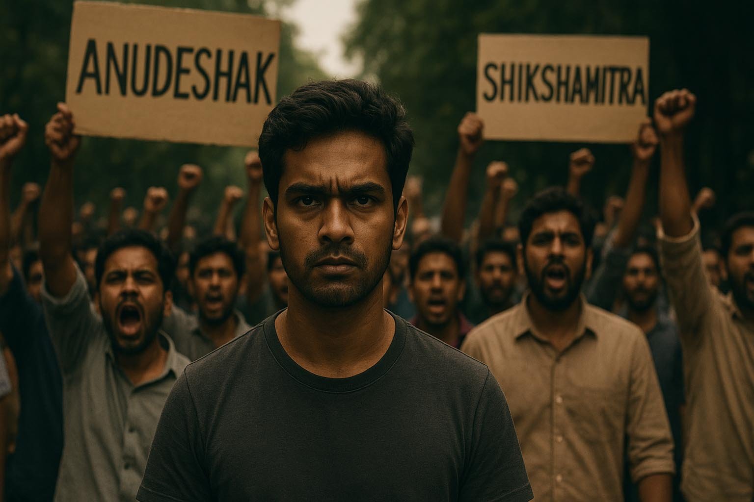 An AI-generated symbolic image depicting an Indian protest crowd holding banners reading ‘Anudeshak’ and ‘Shikshamitra’, protesting in a tense atmosphere — Independence Day 2025 announcements.