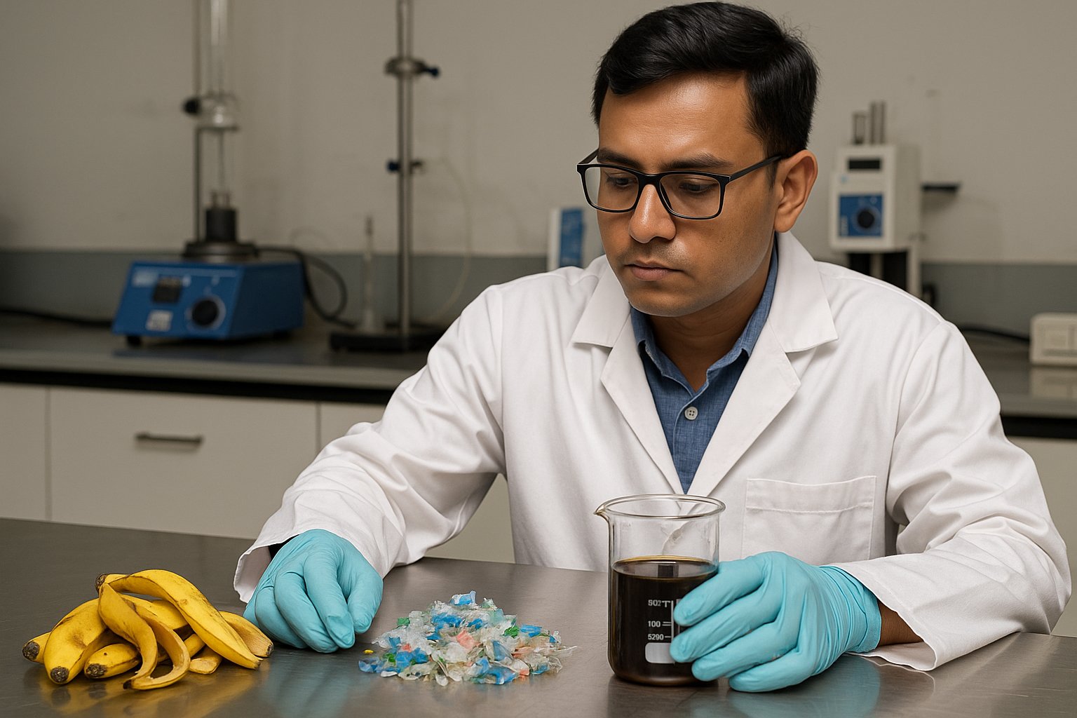 IISER भोपाल का वैज्ञानिक प्रयोगशाला में केले के छिलके, रंग-बिरंगे प्लास्टिक टुकड़ों और पायरो-ऑयल से भरे बीकर के साथ शोध कार्य की जाँच करते हुए।