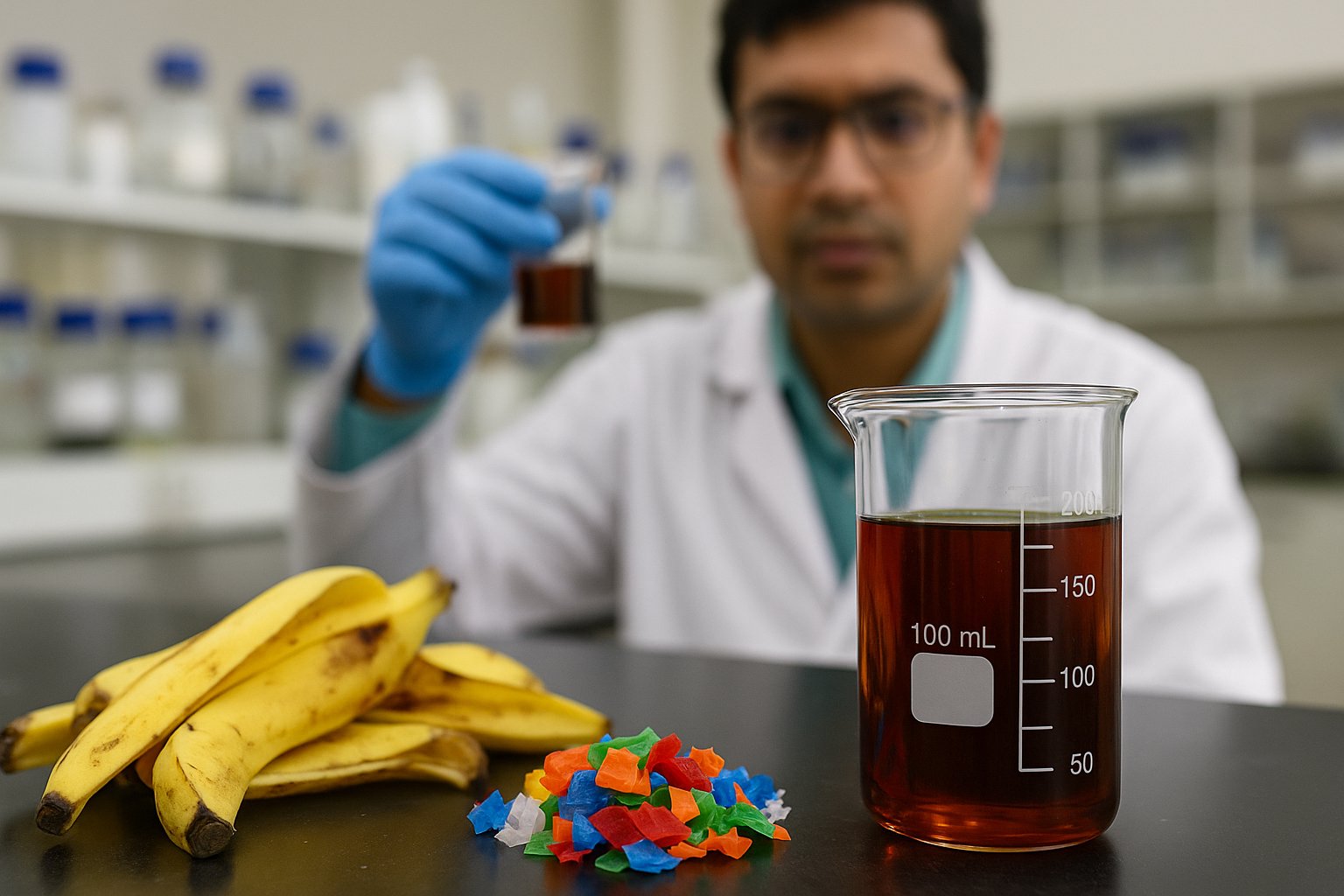 प्रयोगशाला में टेबल पर रखे केले के छिलके, रंग-बिरंगे प्लास्टिक के टुकड़े और पायरो-ऑयल से भरा बीकर, पीछे वैज्ञानिक नमूना जांचते हुए।
