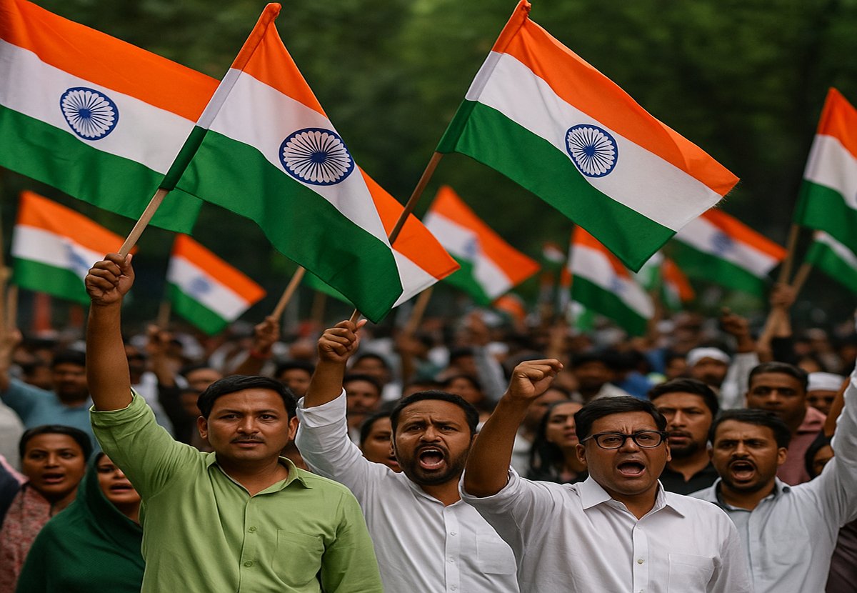 Vote chori protest: Indian protesters waving national flags during a political rally, expressing solidarity and dissent