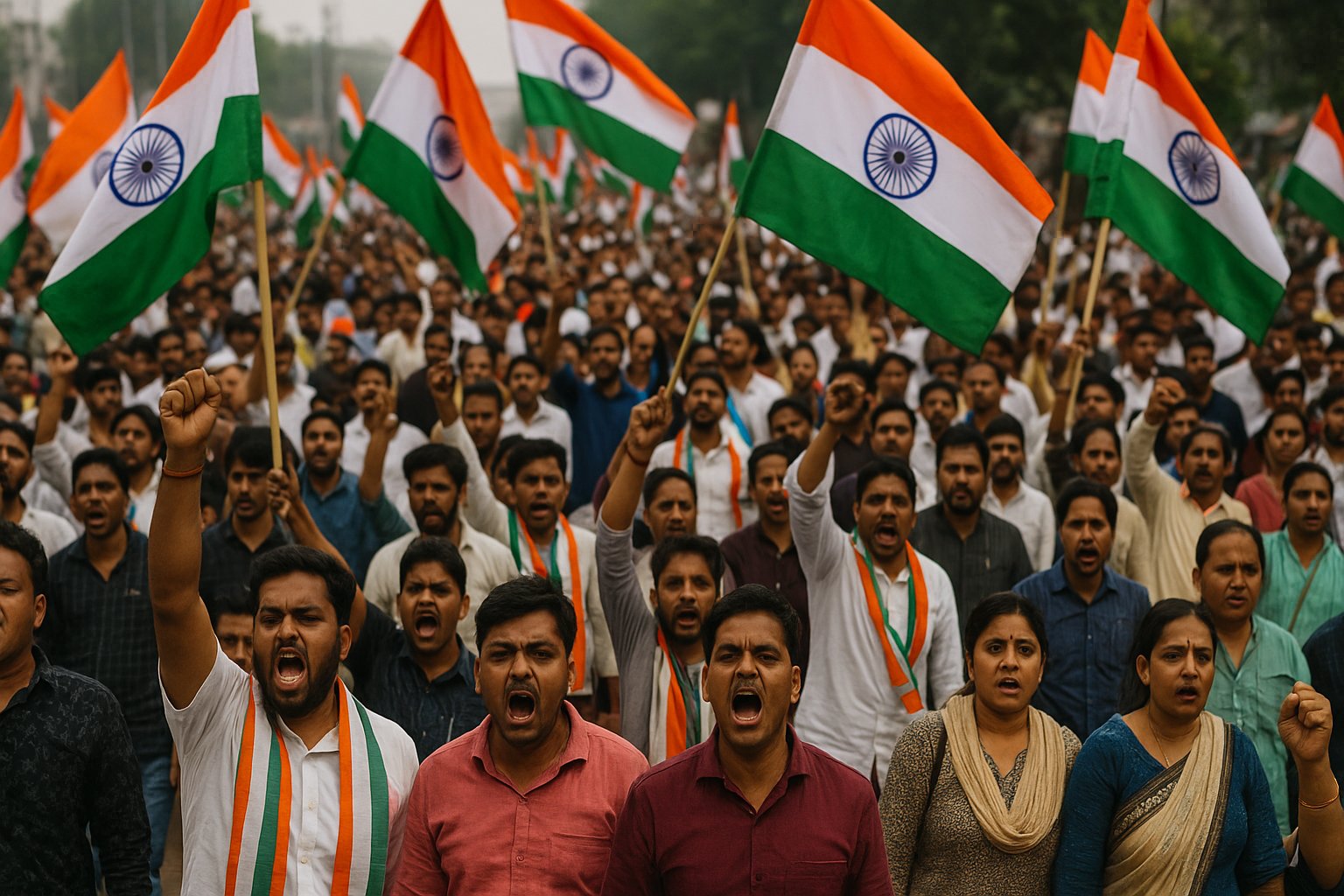 Vote Chori Protest : Large crowd of Indian protesters holding national flags at a political rally, with people raising fists in solidarity
