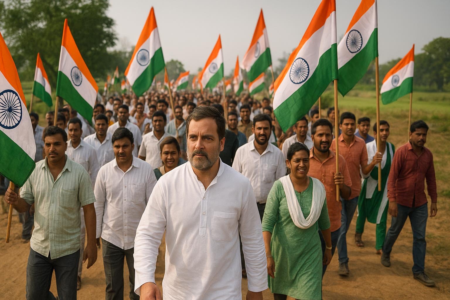 AI generated representation purpose only – Rahul Gandhi Vote Adhikar Yatra rally in Bihar 2025 showing Rahul Gandhi leading a large crowd of supporters with Indian flags, symbolizing voter rights and democracy