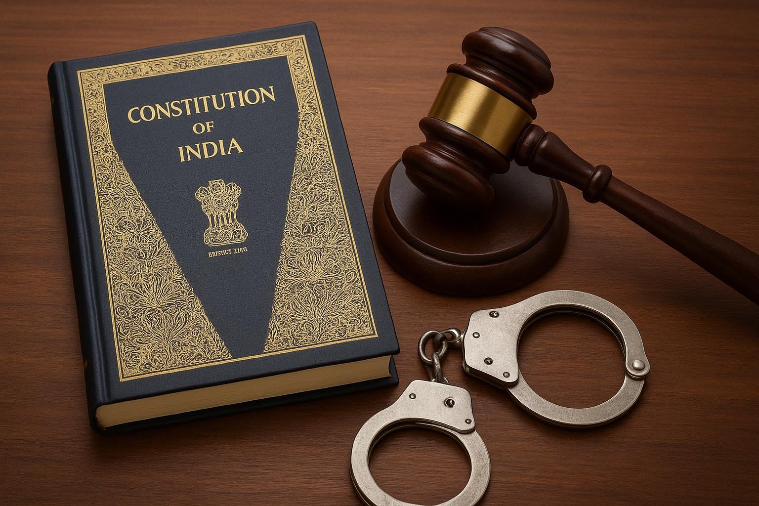 Indian Constitution book with judge’s gavel symbolizing law, justice, and Constitution Amendment Bill 2025 debate.